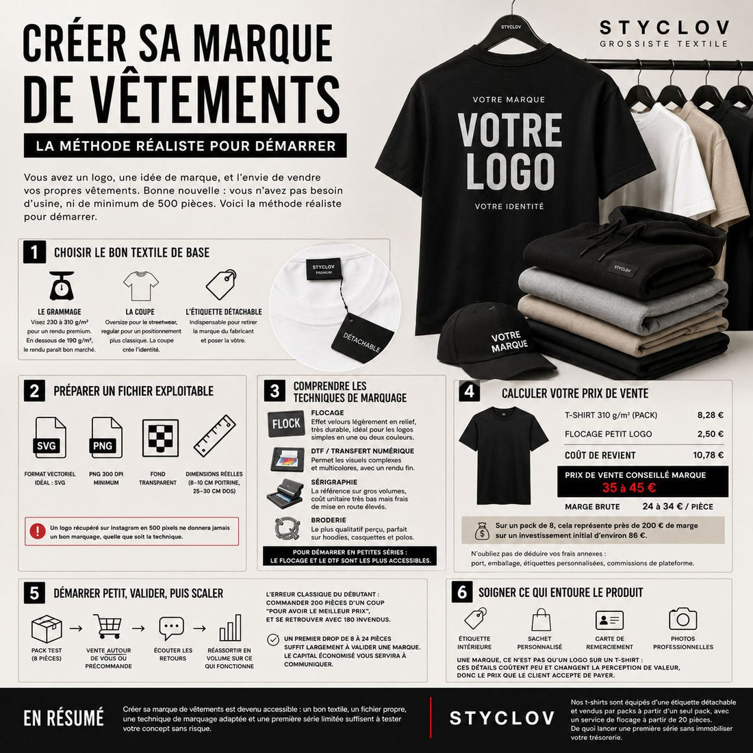 Créer sa marque de vêtements avec STYCLOV : guide complet sur le choix des textiles, le flocage, la personnalisation et le lancement d'une marque de vêtements.