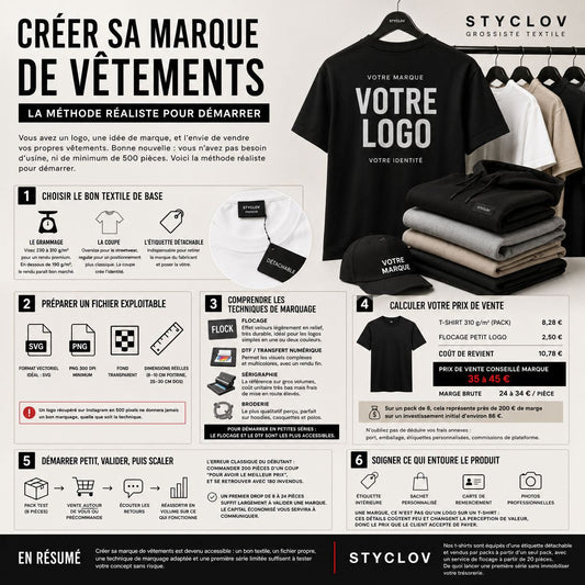 Créer sa marque de vêtements avec STYCLOV : guide complet sur le choix des textiles, le flocage, la personnalisation et le lancement d'une marque de vêtements.