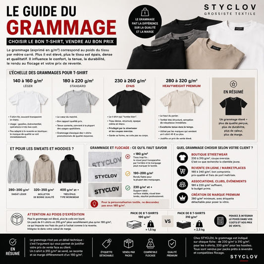 Guide STYCLOV expliquant les différences de grammage des t-shirts, hoodies et textiles, de 150 à 310 g/m², pour choisir un vêtement de qualité.