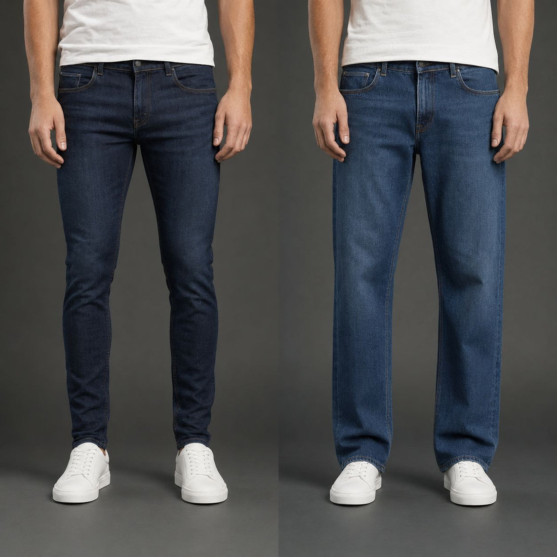 Comparaison entre un jean slim ajusté et un jean regular droit pour homme
