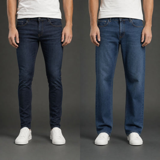 Comparaison entre un jean slim ajusté et un jean regular droit pour homme