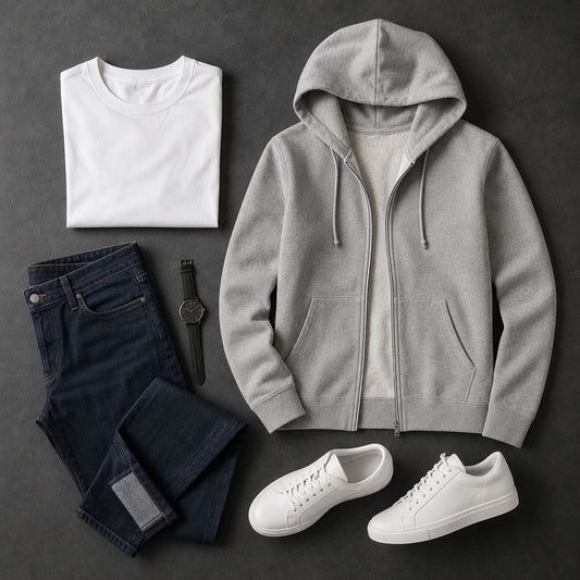 Tenue homme simple et moderne avec jean, t-shirt, hoodie et baskets
