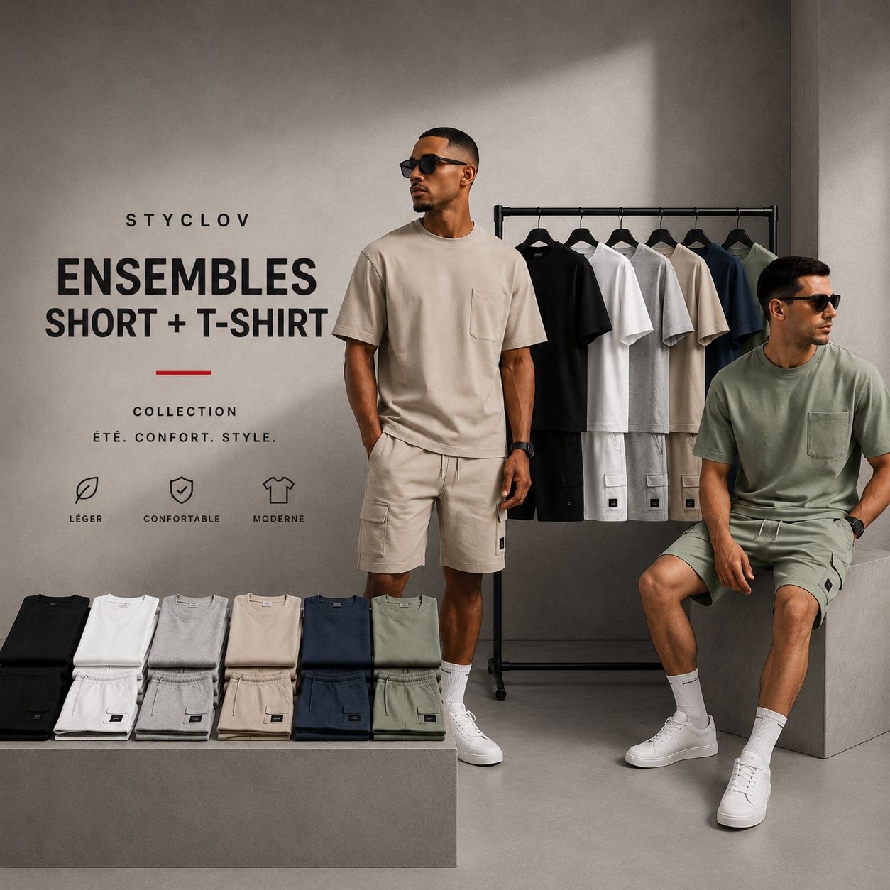 Collection d'ensembles short et t-shirt homme STYCLOV avec mannequins portant des ensembles d'été modernes disponibles en plusieurs coloris.