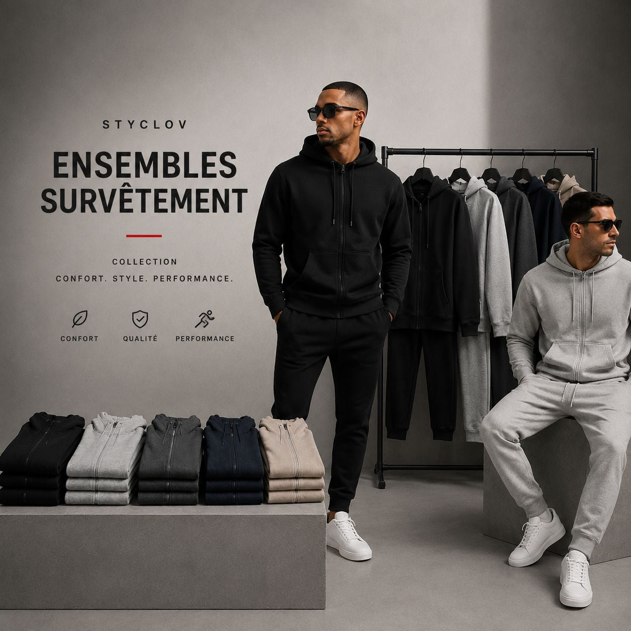 Collection d'ensembles survêtement homme STYCLOV avec mannequins portant des survêtements complets et présentation des différents modèles.