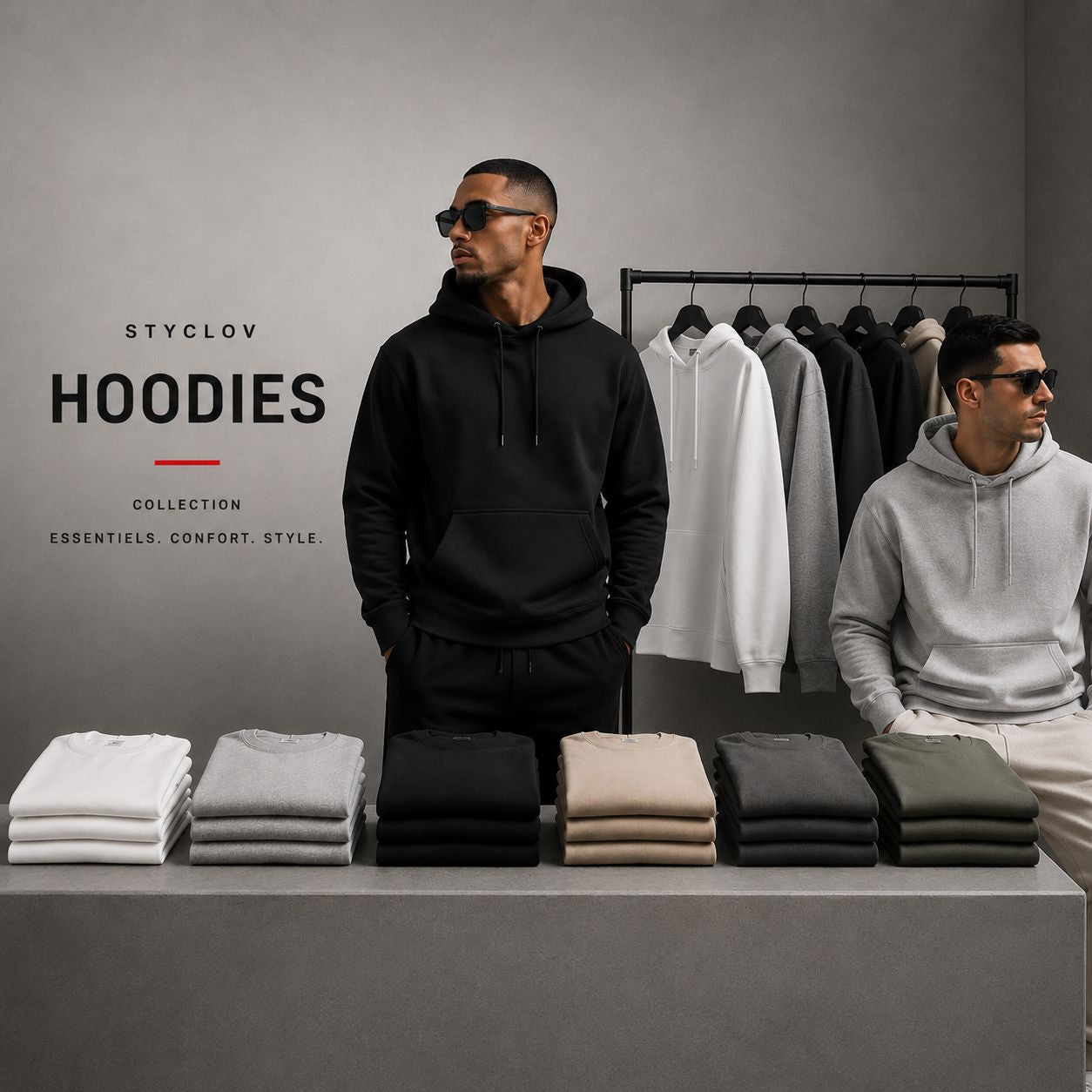 Collection de hoodies homme STYCLOV avec mannequins, sweats à capuche modernes et coloris sobres dans un univers streetwear premium.