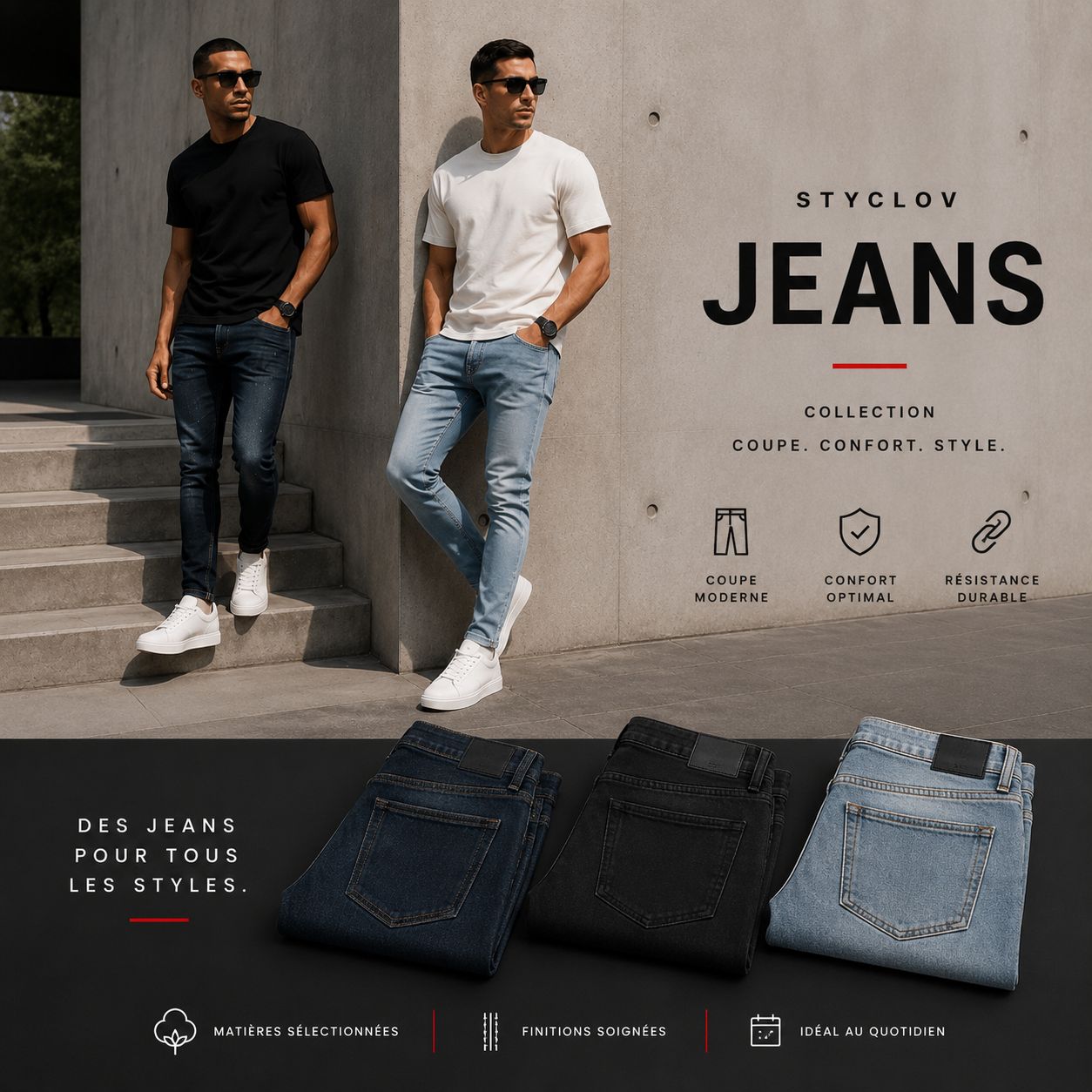 Collection de jeans homme STYCLOV avec mannequins portant des jeans bleu foncé, bleu clair et noir dans un style streetwear moderne.