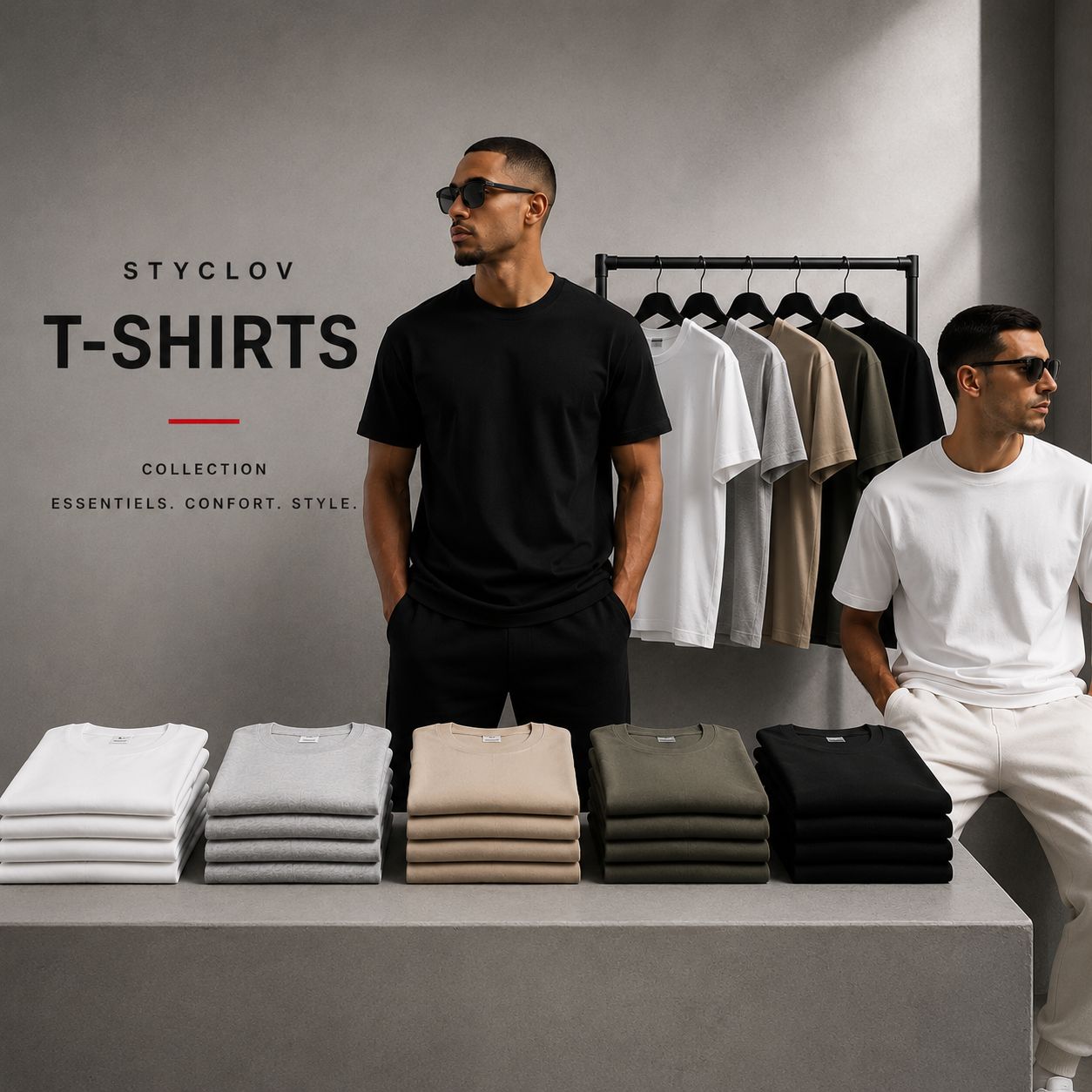 Collection de t-shirts homme STYCLOV avec mannequins portant des t-shirts streetwear modernes et présentation de plusieurs coloris premium.