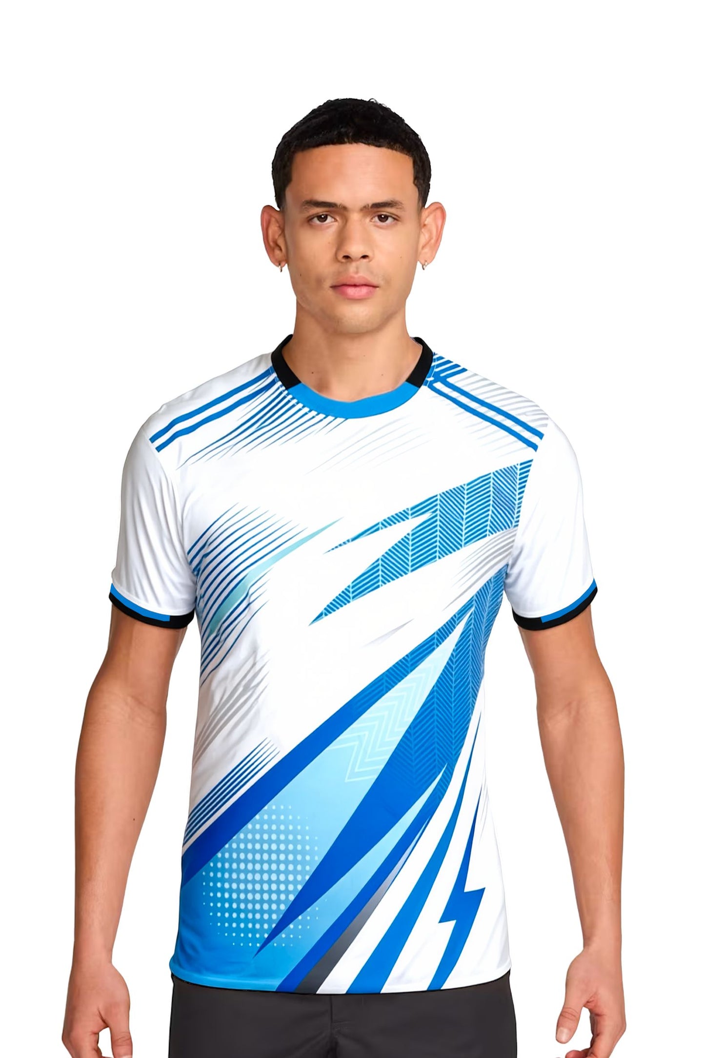 Homme portant le maillot t-shirt de football Kanya blanc à motifs graphiques, vue de face