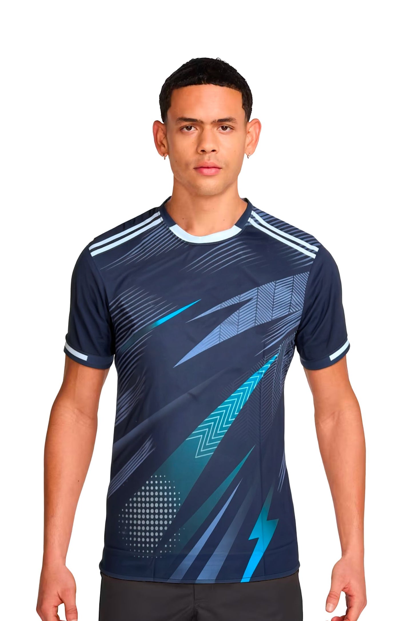 Homme portant le maillot t-shirt de football Kanya Noir à motifs graphiques, vue de face