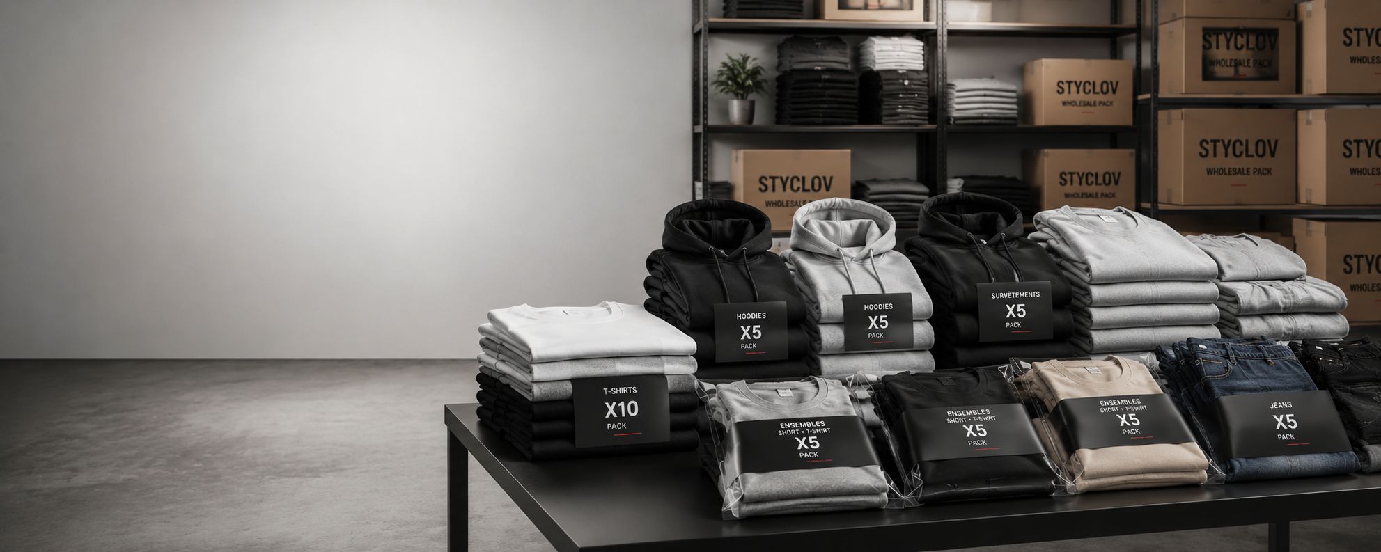 STYCLOV, grossiste de vêtements homme par packs : t-shirts, hoodies, jeans, ensembles et survêtements pour professionnels et particuliers.