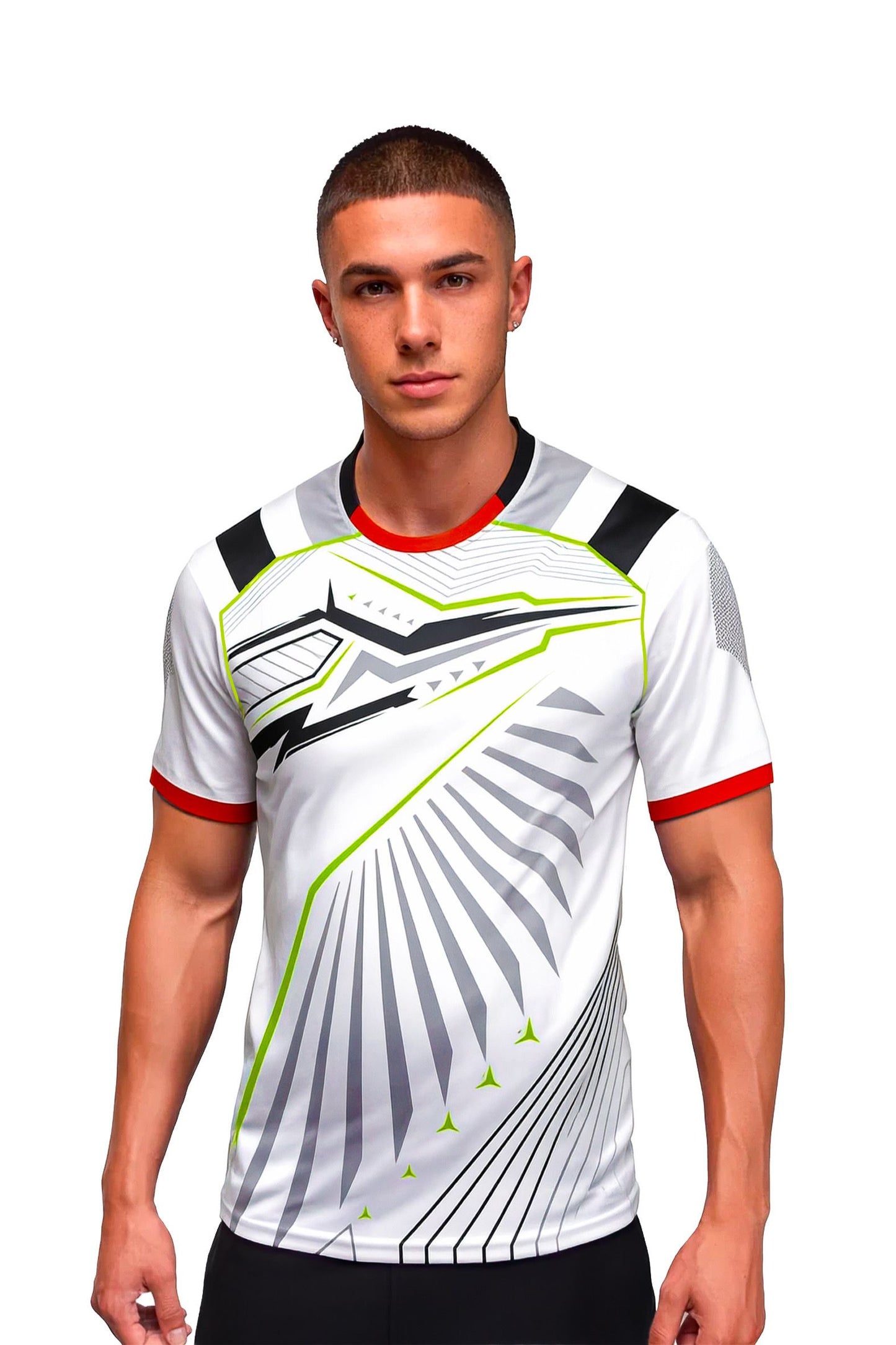 Homme portant le maillot t-shirt de football DAO blanc à motifs graphiques, vue de face