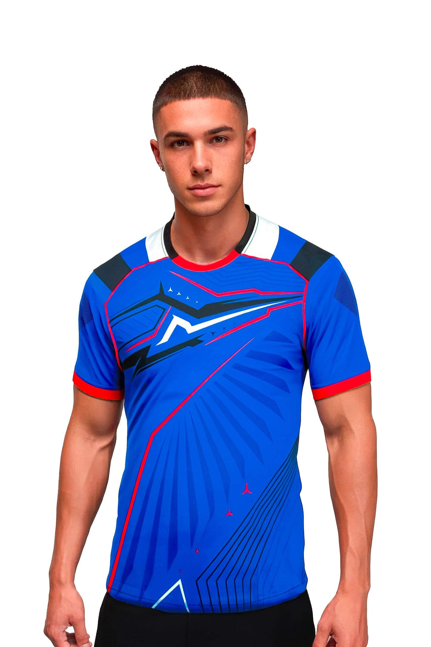 Homme portant le maillot t-shirt de football DAO bleu à motifs graphiques, vue de face