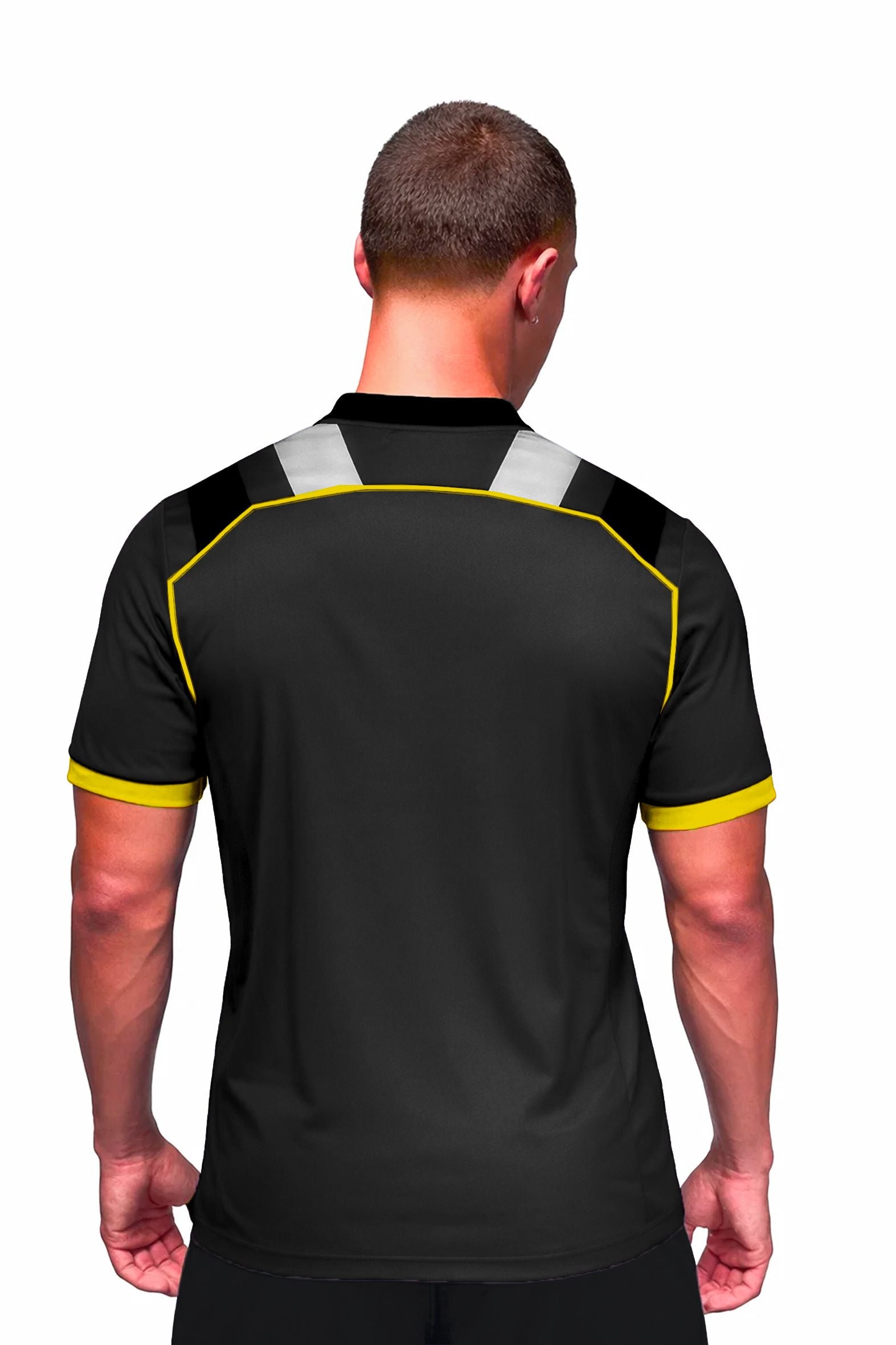 Homme portant le maillot t-shirt de football DAO noir à motifs graphiques, vue de dos