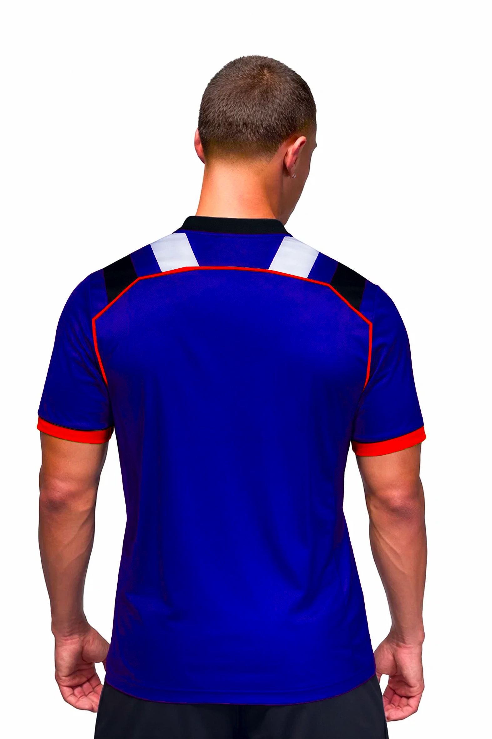 Homme portant le maillot t-shirt de football DAO bleu  à motifs graphiques, vue de dos
