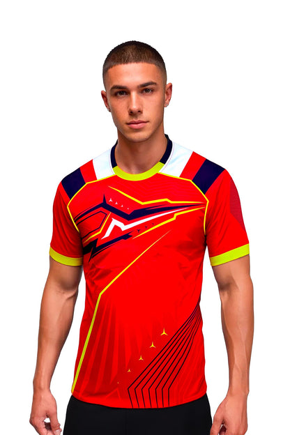 Homme portant le maillot t-shirt de football DAO orange à motifs graphiques, vue de face
