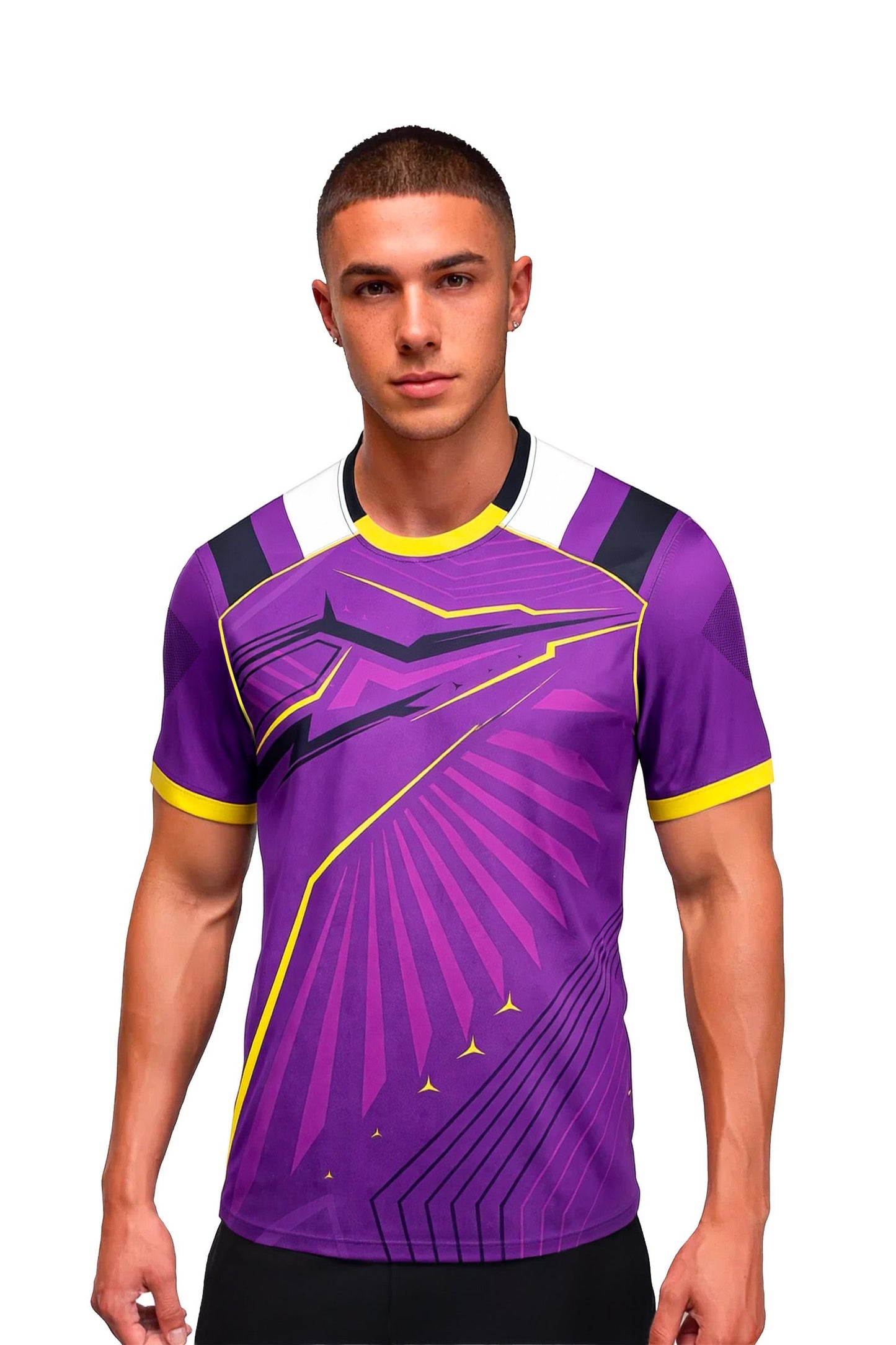 Homme portant le maillot t-shirt de football DAO purple à motifs graphiques, vue de face