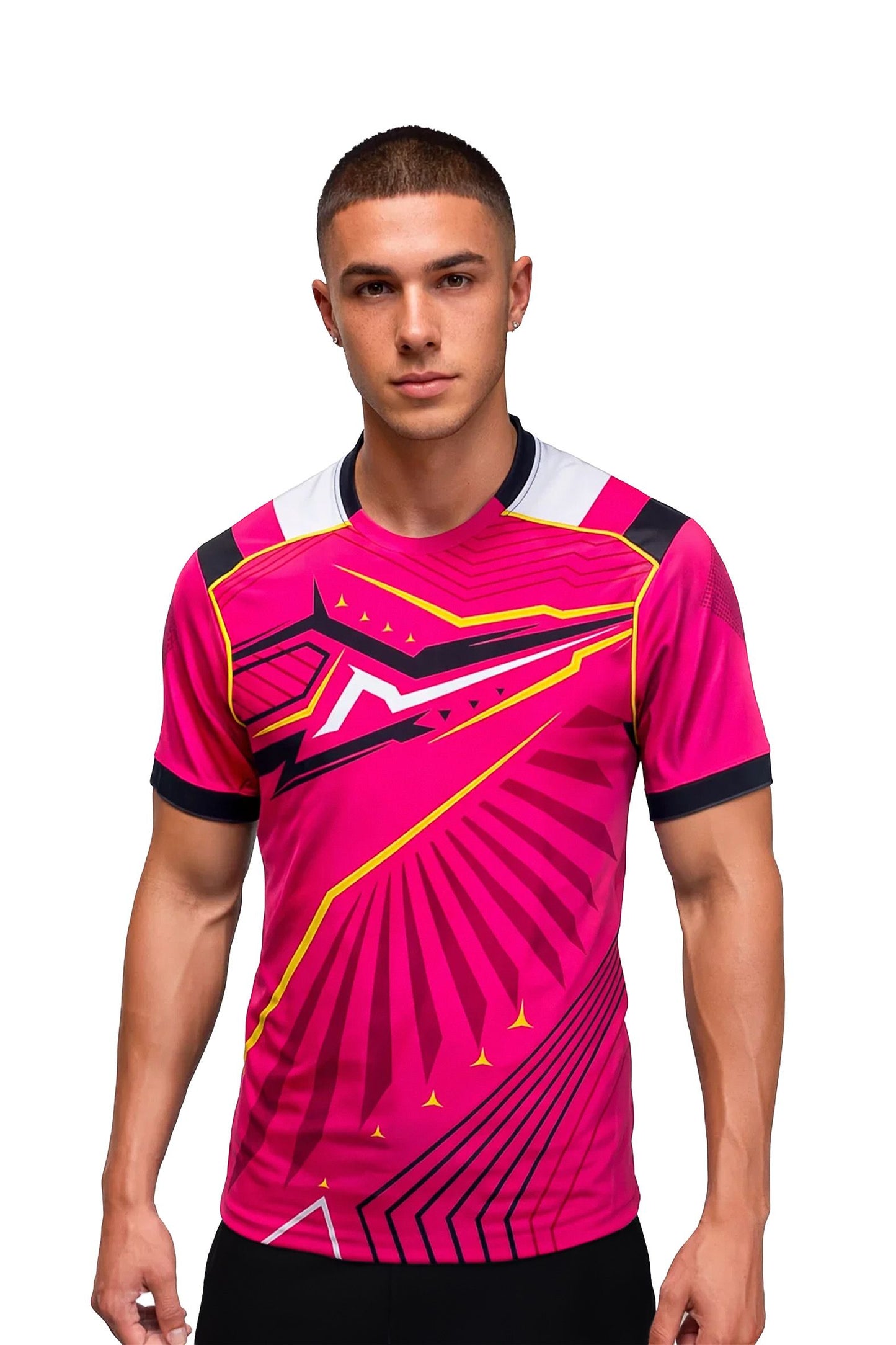 Homme portant le maillot t-shirt de football DAO rose à motifs graphiques, vue de dos