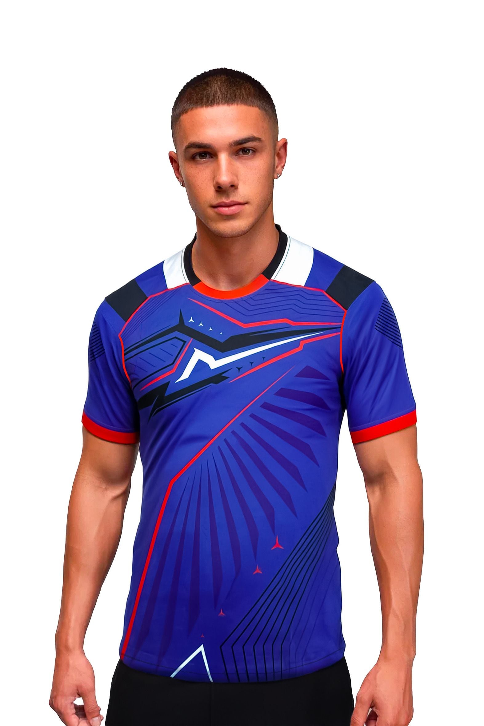 Homme portant le maillot t-shirt de football DAO bleu à motifs graphiques, vue de face
