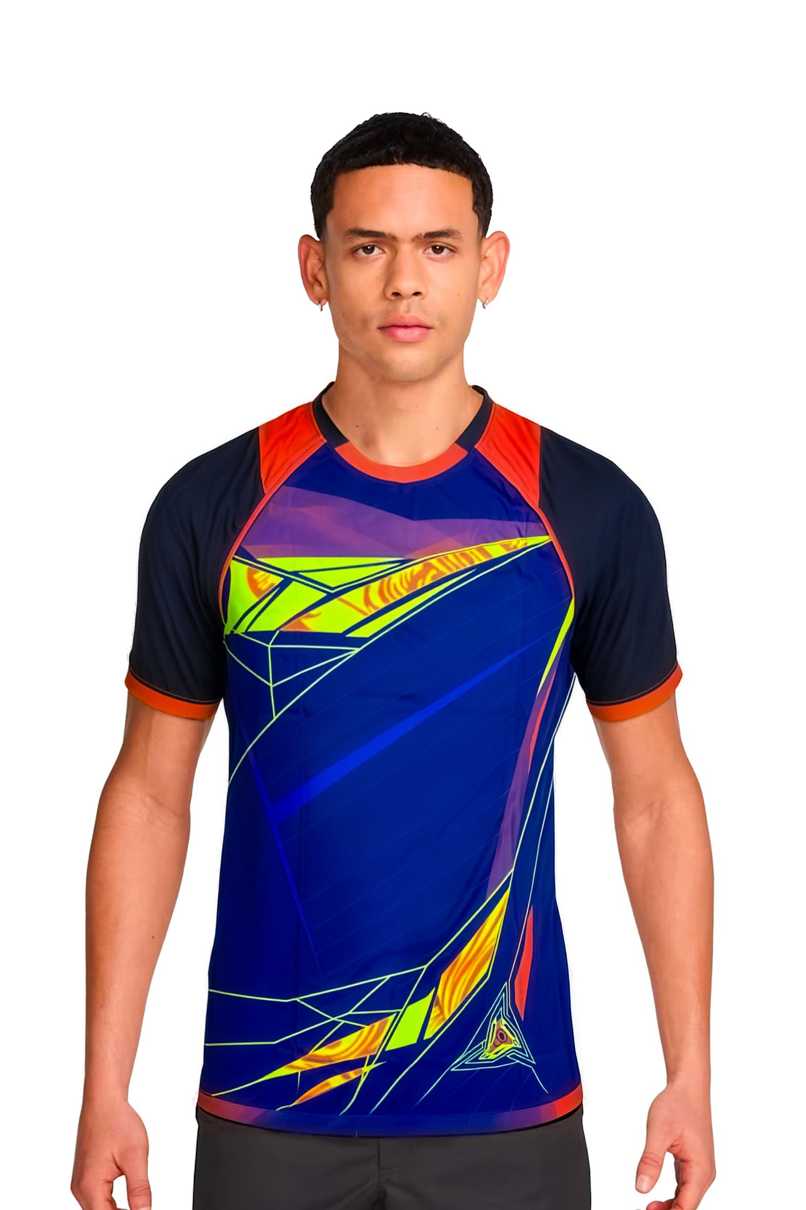Homme portant le maillot de football PIM Bleu royale à motifs graphiques, vue de face