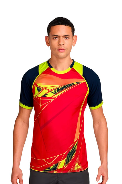 Homme portant le maillot de football PIM Rouge à motifs graphiques, vue de face